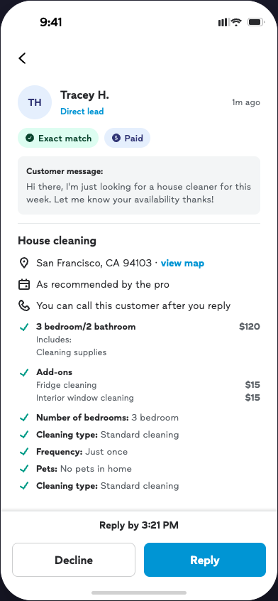 Full lead details view with customer message, pricing, and request form answers