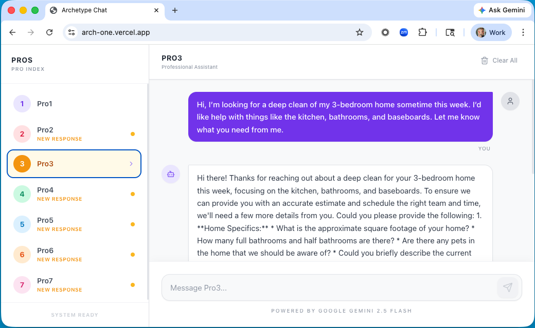 Customer-side prototype showing 7 pro archetypes in a sidebar and an active chat with Pro 3